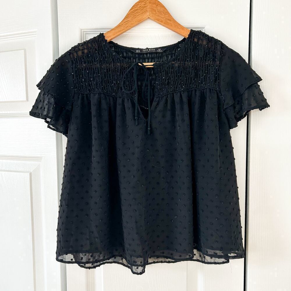 ZARA Black Plumeti Sheer Ruffle Flutter Sleeve Smocked Blouse Top EUC Size S - Picture 2 of 6